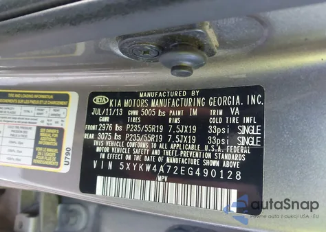 2014 Kia Sorento Limited V6 из США, поврежденный, VIN 5XYKW4A72EG490128